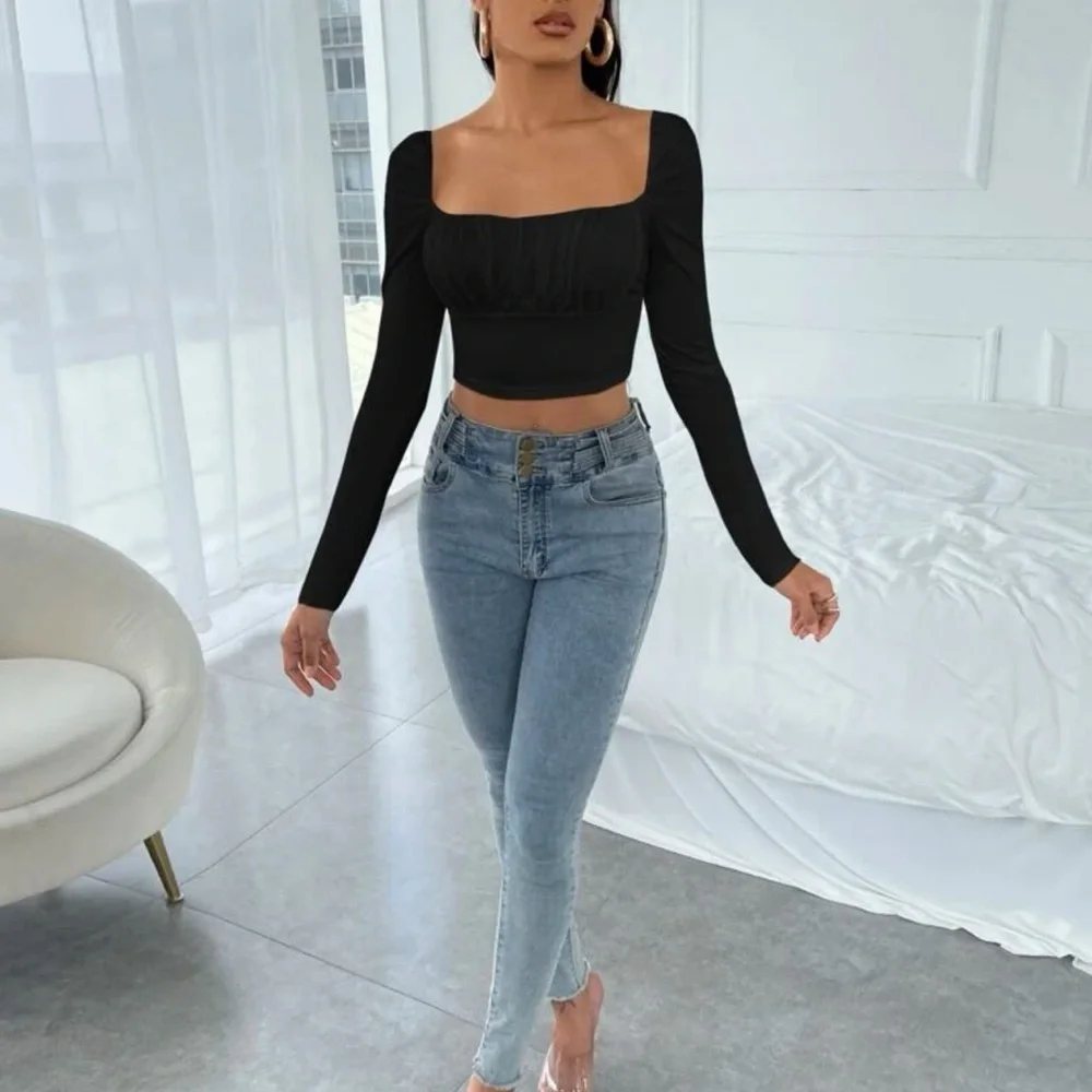 Square neck long sleeve ruched boho crop top black - Picture 2 of 8